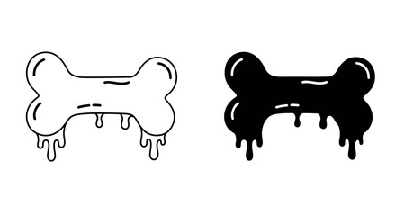 Stylized bone icon set featuring dripping black and white graphic elements for pet brands and creative projects isolated on white background