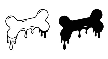 Two dripping bone icons one white one black representing dog treats or spooky halloween themes for pet lovers and gothic aesthetics isolated on white background
