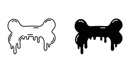 Dripping bone icon set black and white outline symbol for pet food treats or halloween spooky themes isolated on white background