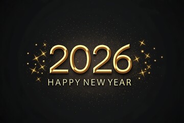 Minimalist Happy New Year 2026 Gold 3D Text with Sparkle Effect on Dark Background