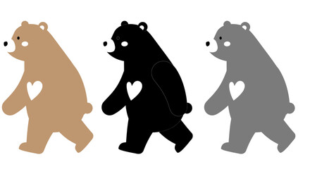 Three stylized cartoon bears walking together in a row each with a heart detail on their chest decorative element isolated on white background