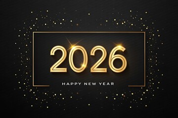 Minimalist Happy New Year 2026 Gold 3D Numbers in Frame with Confetti