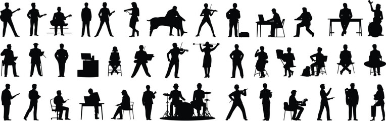 Human activity silhouettes, business and creative poses, people working, performing, presenting, vector illustration, lifestyle design, black figure icons