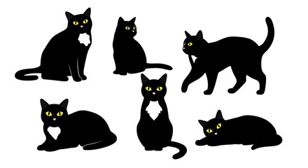Collection of six black cat silhouettes in various poses symbolizing mystery and elegance for artistic projects and designs isolated on white background