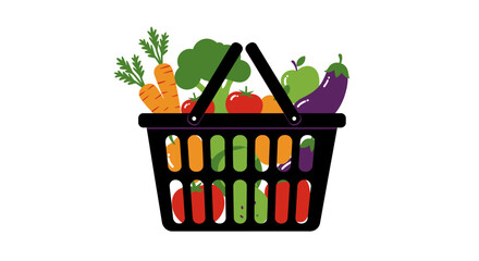 Fresh produce shopping basket full of healthy vegetables and fruits for groceries and organic food concepts isolated on white background