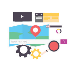 Local Search Engine Optimization Tools Concept Illustration Featuring Map Location Pinpoint Magnifying Glass and Gears on Transparent Background