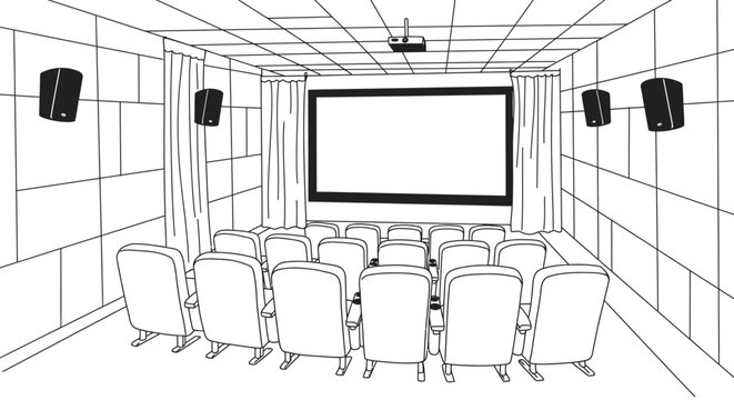 Modern home theater interior design sketch featuring rows of comfortable seating projector screen and surround sound speakers for immersive entertainment experience isolated on white background