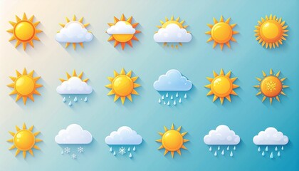 Fototapeta premium Weather forecast icons for bright sunshine, cloudy skies, rain, and snow for your next design project or weather app seasonal refresh