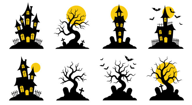 Collection of spooky halloween silhouettes featuring haunted houses creepy trees and full moon for festive decorations and graphic design isolated on white background