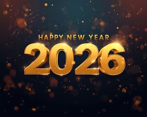 Happy New Year 2026 3D Gold Text on Dark Reflective Background with Spotlights