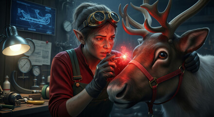Obraz premium Fantasy steampunk image of a female elf engineer repairing a reindeer's magical glowing red nose in a workshop