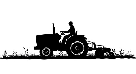 Silhouette of a farmer operating a tractor plowing a field at sunrise with a sense of rural agricultural tradition and hard work isolated on white background