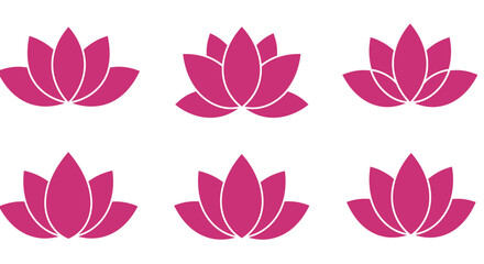 Collection of six stylized pink lotus flower icons symbolizing purity and enlightenment for spiritual wellness and meditation design elements isolated on white background