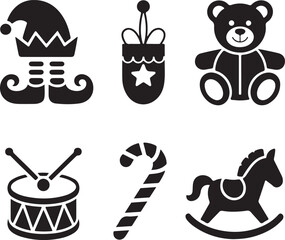 Christmas Elf and Toy Silhouette Icon Set Vector Design