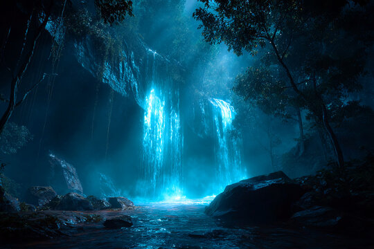 Glowing blue waterfall in mystical night forest - Powered by Adobe