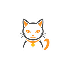 Stylized illustration of a white cat with orange accents, featuring a collar and tail.