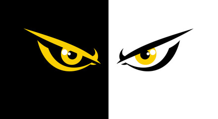 Intense yellow eyes looking fiercely with sharp eyebrows on split black and symbolizing contrast and alertness isolated on white background