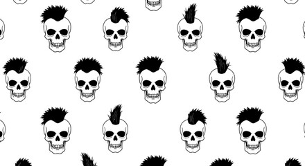 Punk rock skulls repeating pattern grunge style hand drawn for edgy apparel and sublimation designs isolated on white background