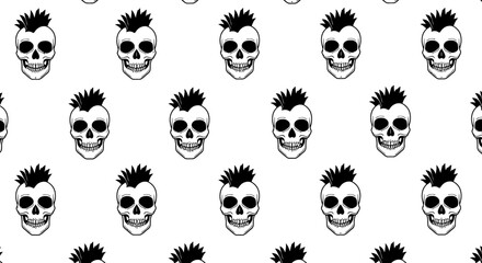 Hand-drawn punk rock skulls pattern seamless repetition grunge aesthetic for edgy designs and tattoos isolated on white background
