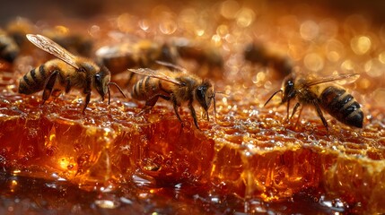 Honeybees meticulously forage on a glistening honeycomb, their striped bodies and translucent wings contrasting against the rich, golden-brown hues of the natural structure, creating a captivating...