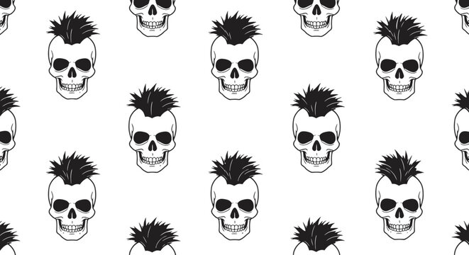 Hand drawn punk rock skulls with mohawks seamless pattern repetitive design for apparel and decor with a bold edgy aesthetic isolated on white background - Powered by Adobe