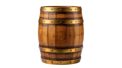 Wooden Barrel with Metal Hoops Isolated on Transparent Background