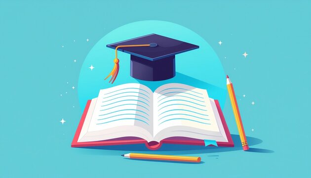 Celebrate graduation achievements with this book, pencil, and cap illustration, perfect for back to school designs and showcasing academic success!