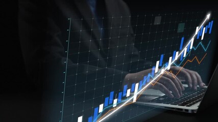 A business professional uses a laptop to analyze stock market trends with digital financial graphs, highlighting growth and performance in a modern workspace. Copula - Powered by Adobe