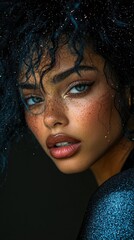 Portrait of a woman with blue eyes and curly dark hair, featuring freckles and glitter on a dark background. AI.