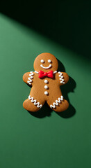 Minimalist 3d render of a happy gingerbread man cookie with a red bow tie on a green background with a hard shadow