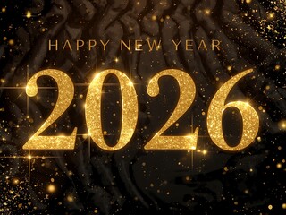 Happy New Year 2026 Gold Glitter Text on Black Abstract Marble Background