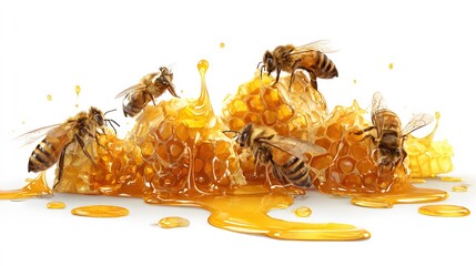 Delicate illustration features a collection of honeycombs with golden honey flowing and dripping, surrounded by several buzzing bees actively working around the sweet and viscous nectar, all set...