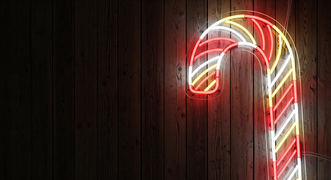Festive 3d render of a candy cane neon sign glowing on a rustic dark wooden wall