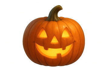 Halloween pumpkin jack-o'-lantern with carved smiling face glowing orange, on transparent background