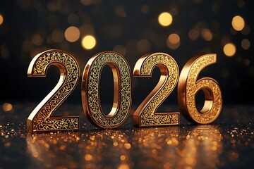 2026 Gold 3D Text with Arabic Pattern and Bokeh Lights on Dark Background