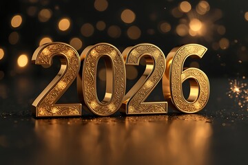 Happy New Year 2026 Gold Ornate 3D Text with Bokeh Lights and Sparkles