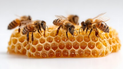 Detailed macro shot presents multiple honeybees perched on a honeycomb, showcasing their delicate wings and striped abdomens against the warm-toned, textured honeycomb structure, all set against a...