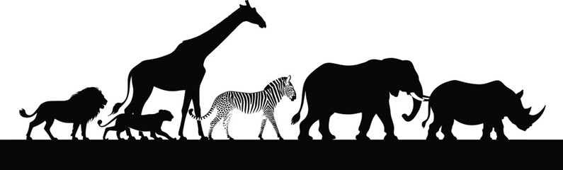 Silhouettes of African wildlife including lion, giraffe, zebra, elephant, rhinoceros, safari animals for nature design, flat vector illustration