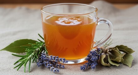 A clear glass mug filled with an amber liquid surrounded by fresh rosemary bay leaves and dried lavender bundles all on a light fabric surface