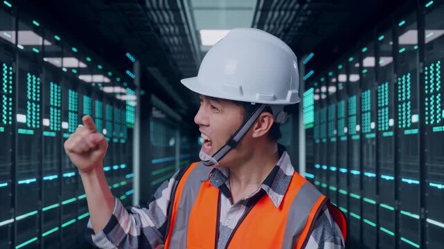Close Up Side View Of Angry Asian Male Engineer With Safety Helmet Shouting At Someone While Standing in Server Room Data Center