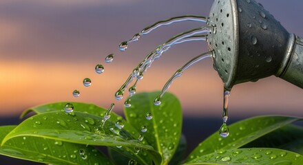 A close-up of a metal watering can pouring streams of water onto vibrant green leaves covered in droplets against a blurred gradient sky