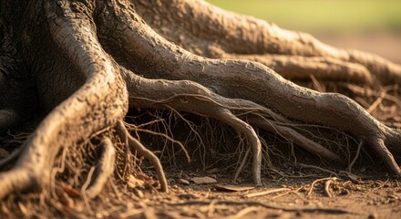A close-up reveals robust textured tree roots sprawling over dry soil with smaller rootlets visible illuminated by warm natural light
