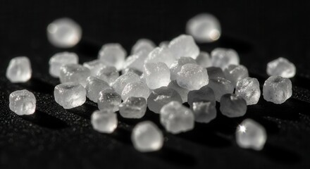 A close-up view of numerous small irregular translucent white crystalline particles scattered on a dark textured surface with some shimmering highlights