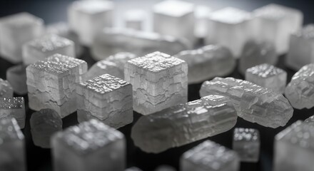 A close-up view of numerous translucent mostly cubic crystals with rough layered textures scattered on a dark reflective surface against a blurred background