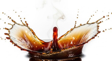 A dark brown liquid splashes dramatically forming a crown shape with a central rising column and scattered droplets against a bright white background with a wisp of vapor