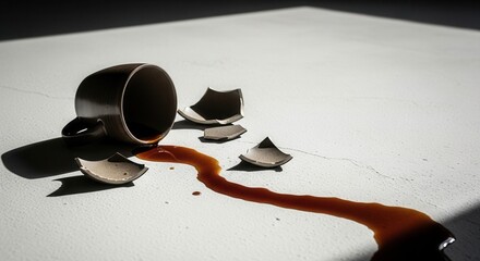 A dark ceramic cup is broken on a light textured surface with dark liquid spilled from it Several cup fragments lie scattered casting long shadows