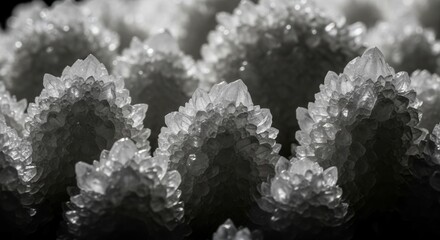 A detailed macro shot reveals clusters of translucent clear crystals with sharp facets illuminated against a dark blurred background showcasing intricate spiky formations