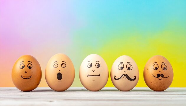 Five brown eggs with hand-drawn faces, each showing a different emotion—happy, surprised, neutral, mustached—creating a fun-and-playful lineup on a vibrant, colorful background