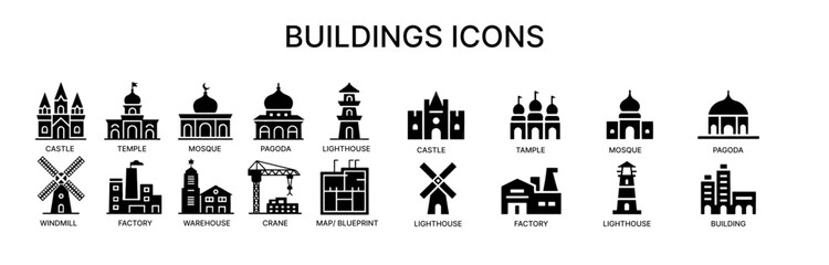 Buildings icons set of architecture, castle, factory, mosque, windmill, skyscraper, lighthouse, temple, warehouse, urban building, cathedral, tower, palace, construction