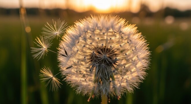 Detailed dandelion seed head glowing in warm sunset light, with feathery seeds floating